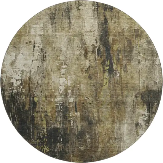 8' Beige Charcoal And Ivory Abstract Washable Round Rug With UV Protection Photo 1