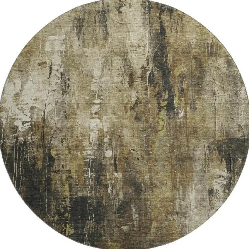 8' Beige Charcoal And Ivory Abstract Washable Round Rug With UV Protection Photo 2