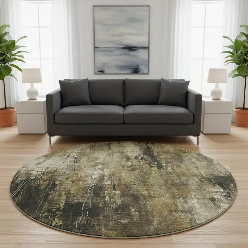 8' Beige Charcoal And Ivory Abstract Washable Round Rug With UV Protection Photo 2