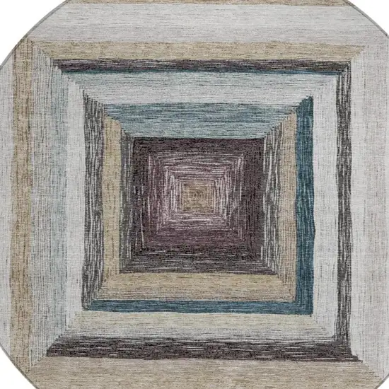 8' Beige Charcoal And Ivory Round Geometric Washable Indoor Outdoor Area Rug Photo 9