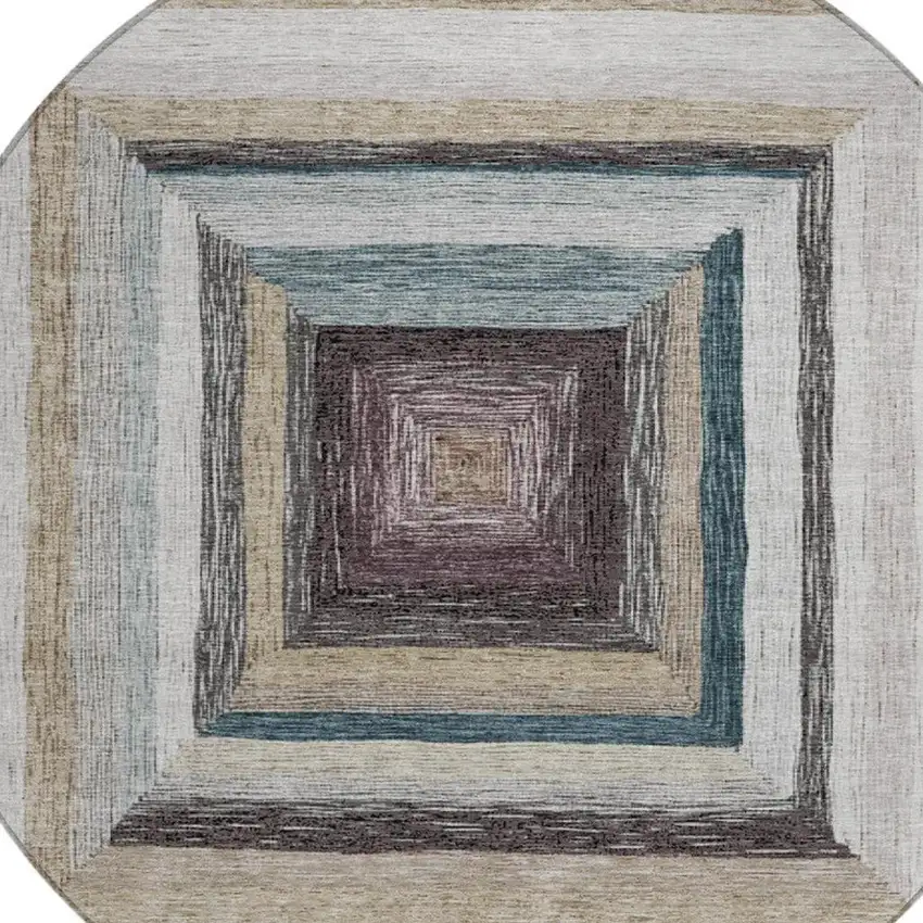 8' Beige Charcoal And Ivory Round Geometric Washable Indoor Outdoor Area Rug Photo 9