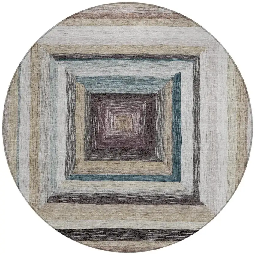 8' Beige Charcoal And Ivory Round Geometric Washable Indoor Outdoor Area Rug Photo 3