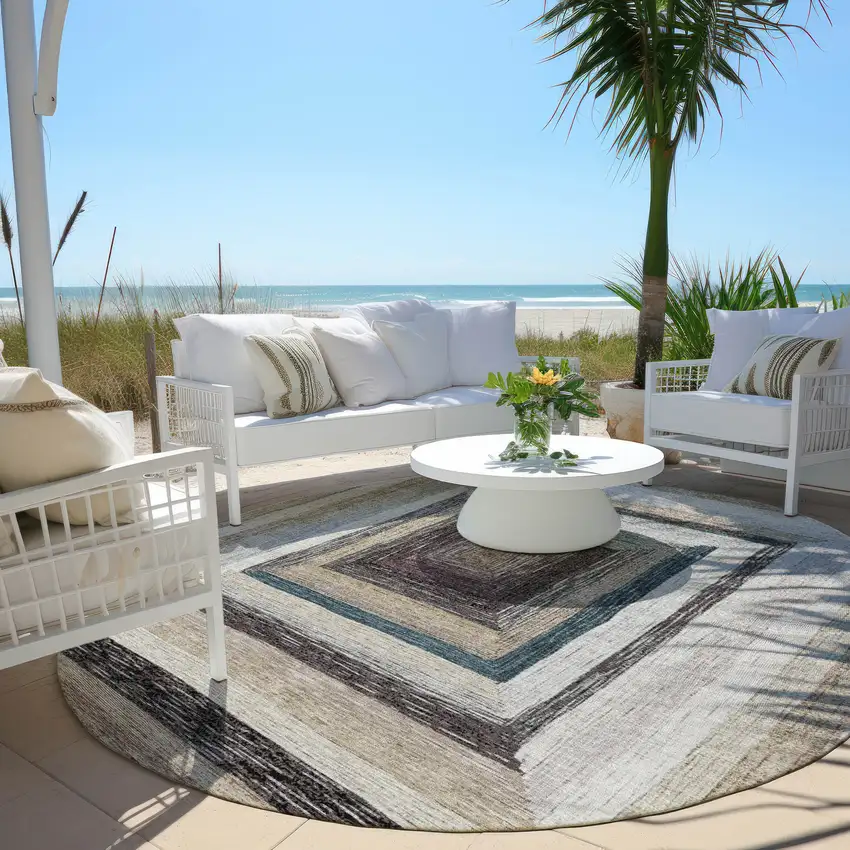 8' Beige Charcoal And Ivory Round Geometric Washable Indoor Outdoor Area Rug Photo 6