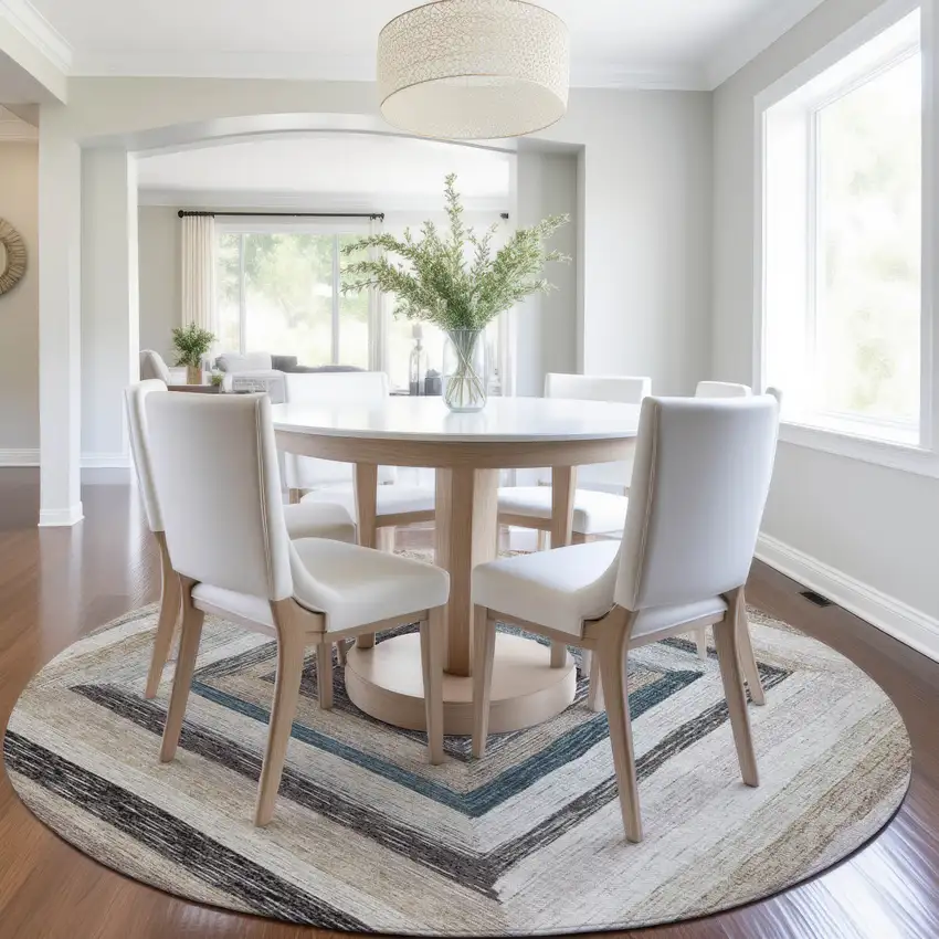 8' Beige Charcoal And Ivory Round Geometric Washable Indoor Outdoor Area Rug Photo 7