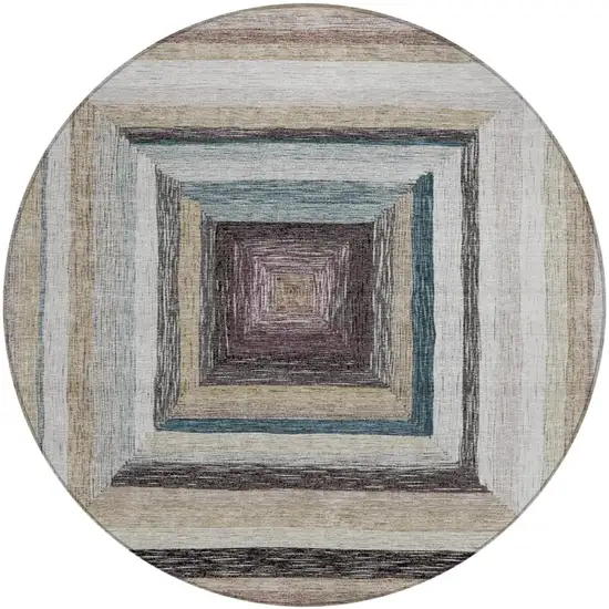 8' Beige Charcoal And Ivory Round Geometric Washable Indoor Outdoor Area Rug Photo 1