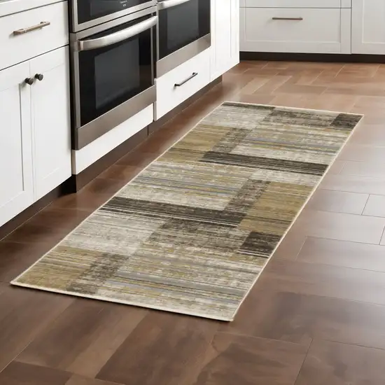 8' Beige and Charcoal Geometric Power Loom Runner Rug Photo 1