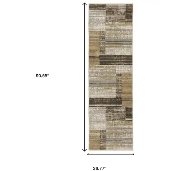 8' Beige Charcoal Brown Grey Tan Gold And Blue Geometric Power Loom Runner Rug With Fringe Photo 8