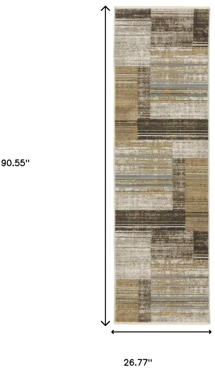 8' Beige Charcoal Brown Grey Tan Gold And Blue Geometric Power Loom Runner Rug With Fringe Photo 8