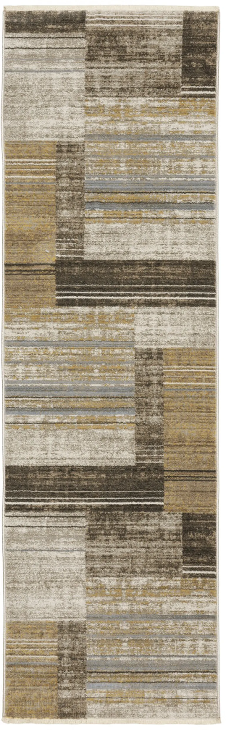 8' Beige Charcoal Brown Grey Tan Gold And Blue Geometric Power Loom Runner Rug With Fringe Photo 1