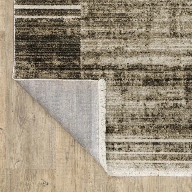 8' Beige Charcoal Brown Grey Tan Gold And Blue Geometric Power Loom Runner Rug With Fringe Photo 4