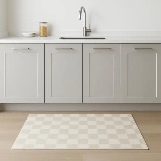 8' Beige Checkered Runner Rug Photo 1