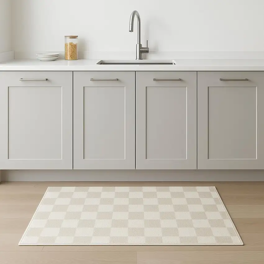 8' Beige Checkered Runner Rug Photo 1