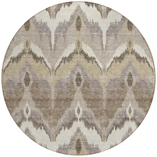 8' Beige Chocolate And Taupe Round Ikat Washable Indoor Outdoor Area Rug Photo 5