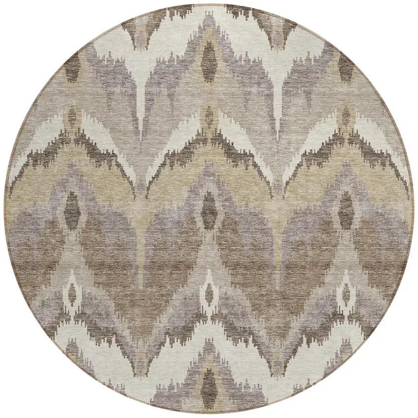 8' Beige Chocolate And Taupe Round Ikat Washable Indoor Outdoor Area Rug Photo 5