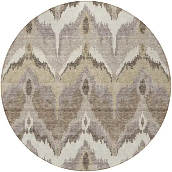 8' Beige Chocolate And Taupe Round Ikat Washable Indoor Outdoor Area Rug Photo 6