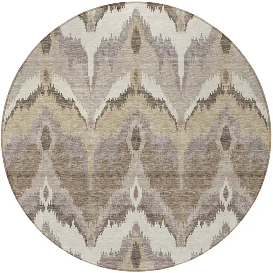 8' Beige Chocolate And Taupe Round Ikat Washable Indoor Outdoor Area Rug Photo 6