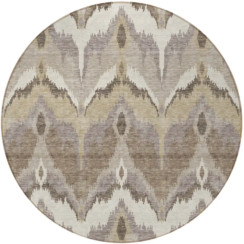 8' Beige Chocolate And Taupe Round Ikat Washable Indoor Outdoor Area Rug Photo 6