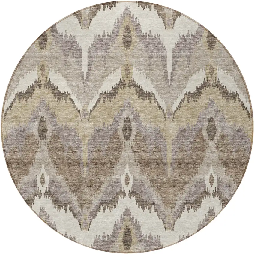 8' Beige Chocolate And Taupe Round Ikat Washable Indoor Outdoor Area Rug Photo 6