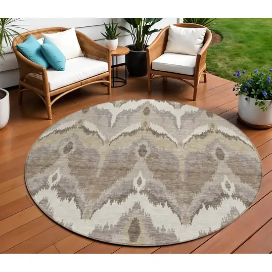 8' Beige Chocolate And Taupe Round Ikat Washable Indoor Outdoor Area Rug Photo 1