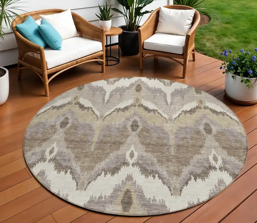 8' Beige Chocolate And Taupe Round Ikat Washable Indoor Outdoor Area Rug Photo 1