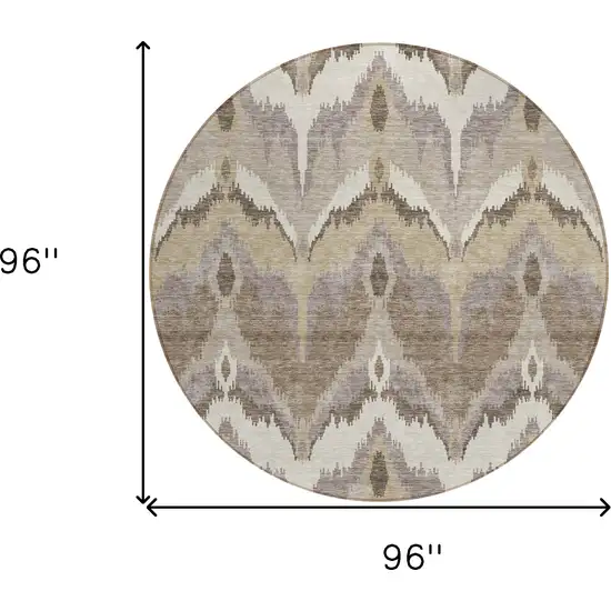 8' Beige Chocolate And Taupe Round Ikat Washable Indoor Outdoor Area Rug Photo 9