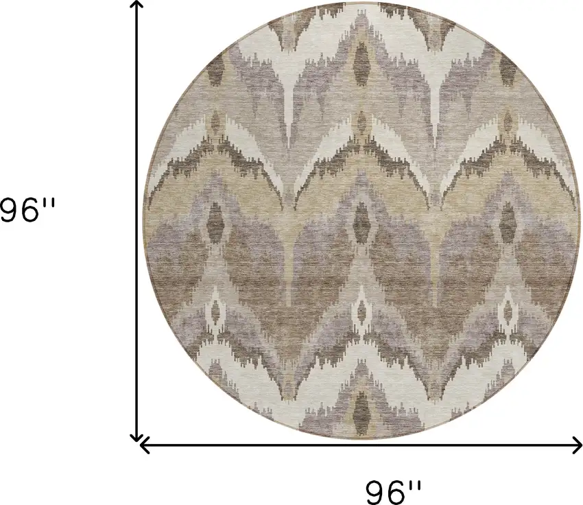 8' Beige Chocolate And Taupe Round Ikat Washable Indoor Outdoor Area Rug Photo 9