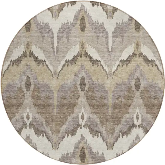 8' Beige Chocolate And Taupe Round Ikat Washable Indoor Outdoor Area Rug Photo 1