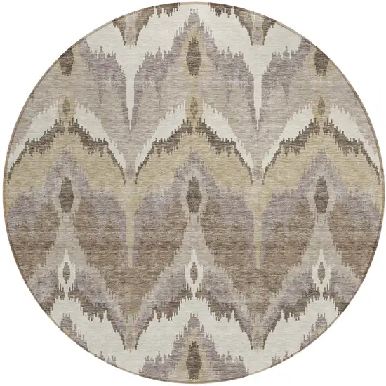 8' Beige Chocolate And Taupe Round Ikat Washable Indoor Outdoor Area Rug Photo 1