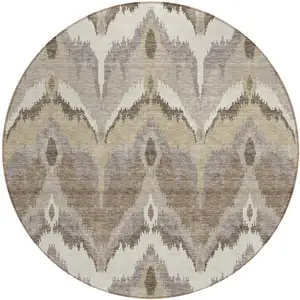 Photo of 8' Beige Chocolate And Taupe Round Ikat Washable Indoor Outdoor Area Rug
