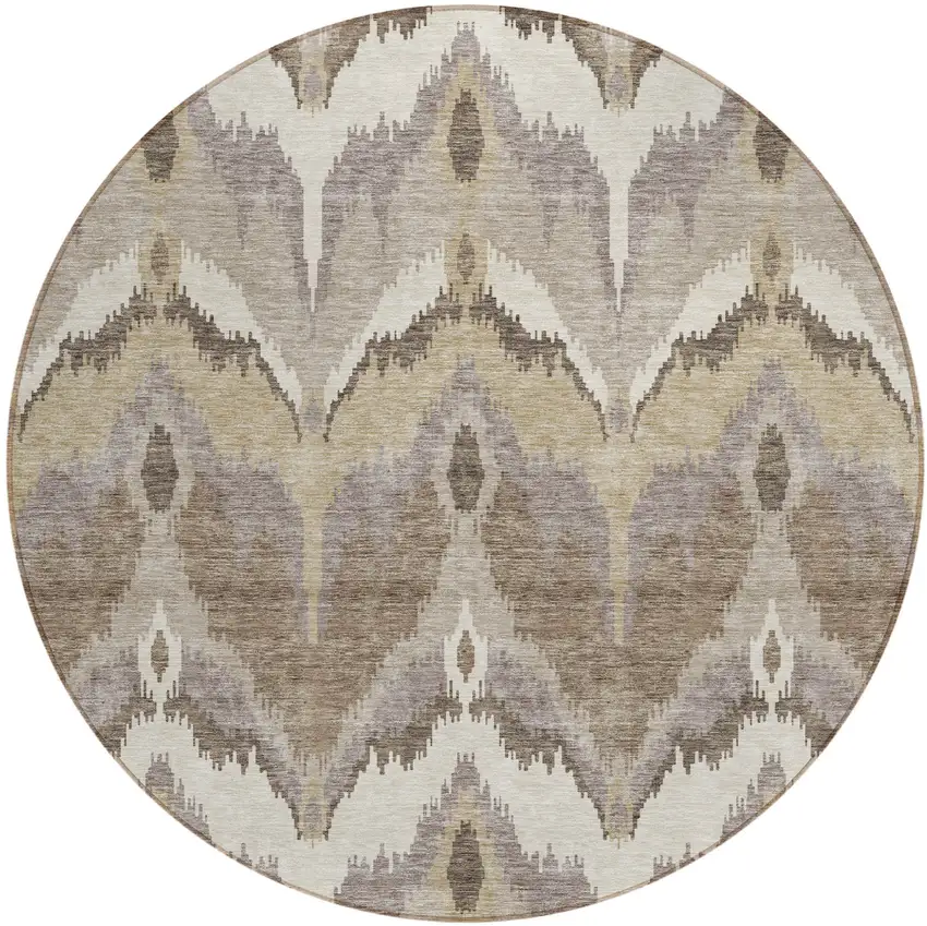 8' Beige Chocolate And Taupe Round Ikat Washable Indoor Outdoor Area Rug Photo 1