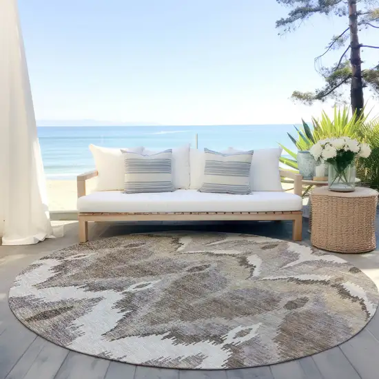8' Beige Chocolate And Taupe Round Ikat Washable Indoor Outdoor Area Rug Photo 7