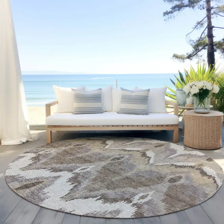 8' Beige Chocolate And Taupe Round Ikat Washable Indoor Outdoor Area Rug Photo 7