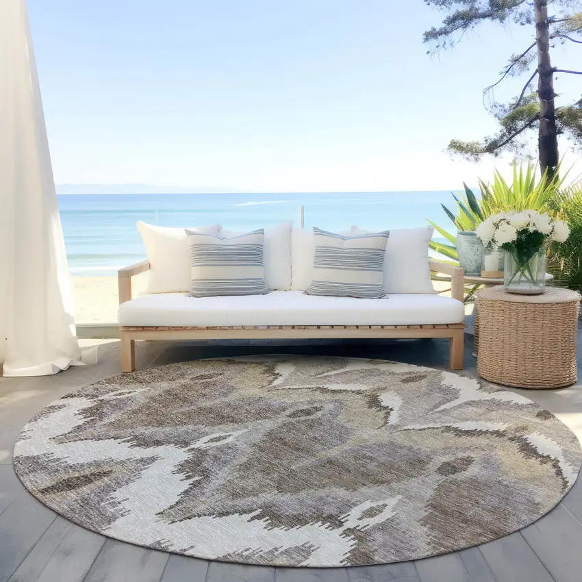 8' Beige Chocolate And Taupe Round Ikat Washable Indoor Outdoor Area Rug Photo 7