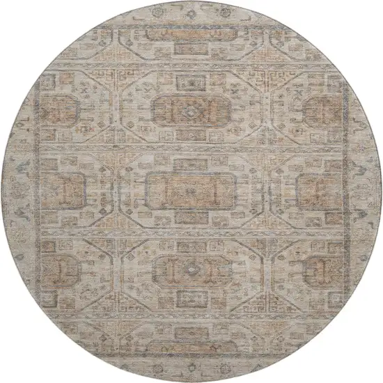 8' Beige Coffee And Gray Geometric Washable Round Rug With UV Protection Photo 1