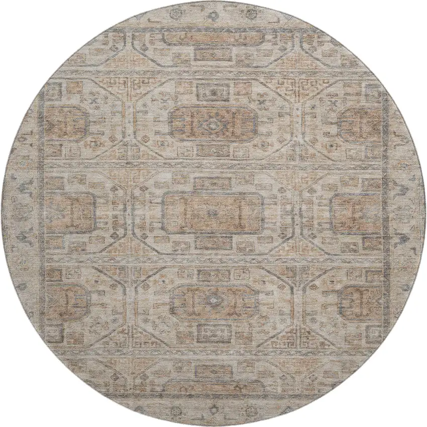8' Beige Coffee And Gray Geometric Washable Round Rug With UV Protection Photo 1