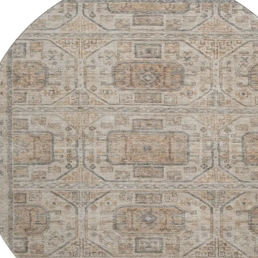 8' Beige Coffee And Gray Geometric Washable Round Rug With UV Protection Photo 3