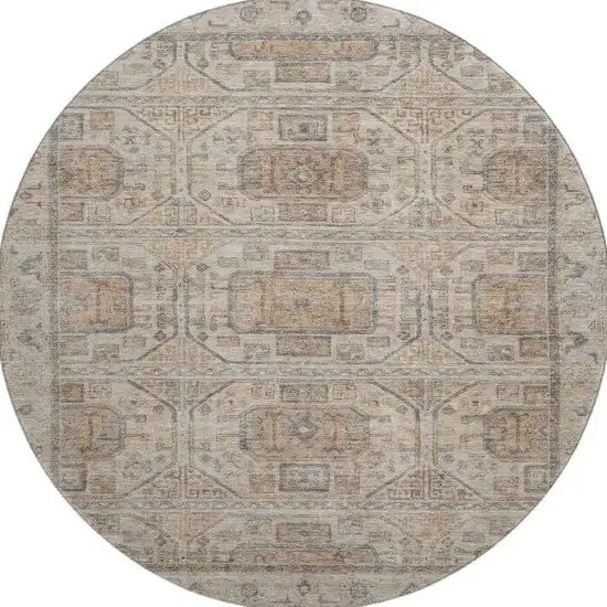 8' Beige Coffee And Gray Geometric Washable Round Rug With UV Protection Photo 4