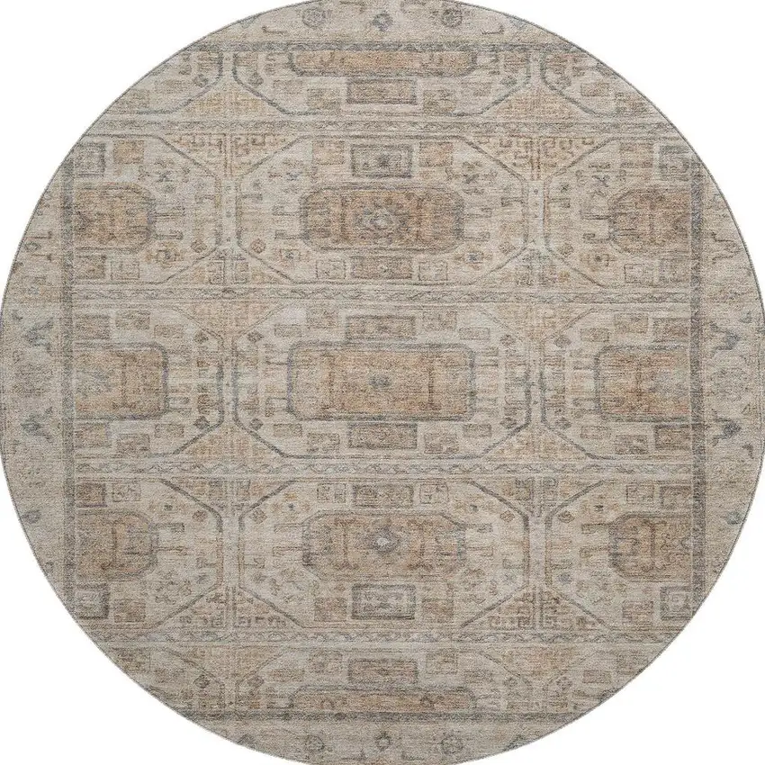 8' Beige Coffee And Gray Geometric Washable Round Rug With UV Protection Photo 4
