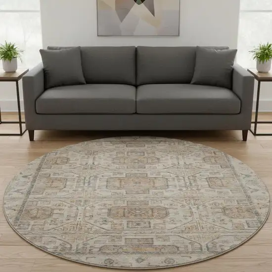 8' Beige Coffee And Gray Geometric Washable Round Rug With UV Protection Photo 2