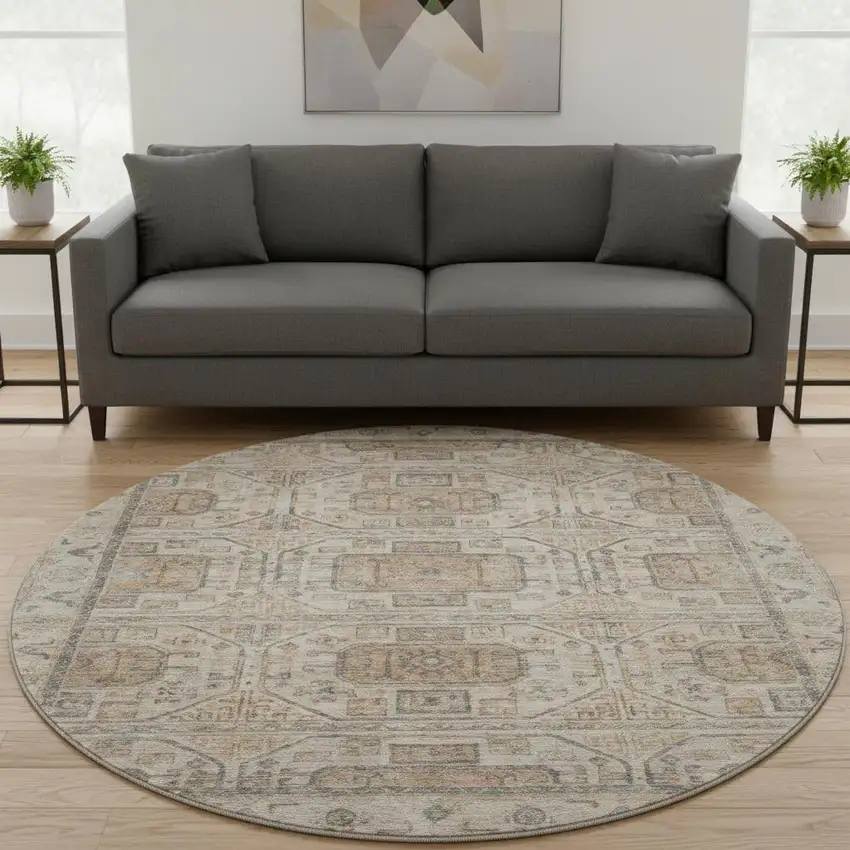 8' Beige Coffee And Gray Geometric Washable Round Rug With UV Protection Photo 2