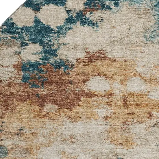 8' Beige Copper And Blue Abstract Washable Round Rug With UV Protection Photo 3