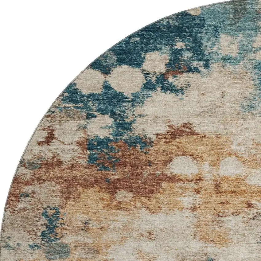 8' Beige Copper And Blue Abstract Washable Round Rug With UV Protection Photo 4