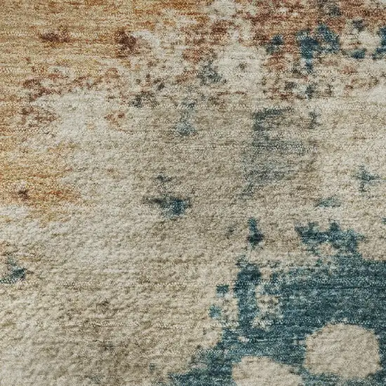 8' Beige Copper And Blue Abstract Washable Round Rug With UV Protection Photo 9