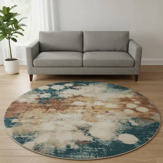 8' Beige Copper And Blue Abstract Washable Round Rug With UV Protection Photo 2