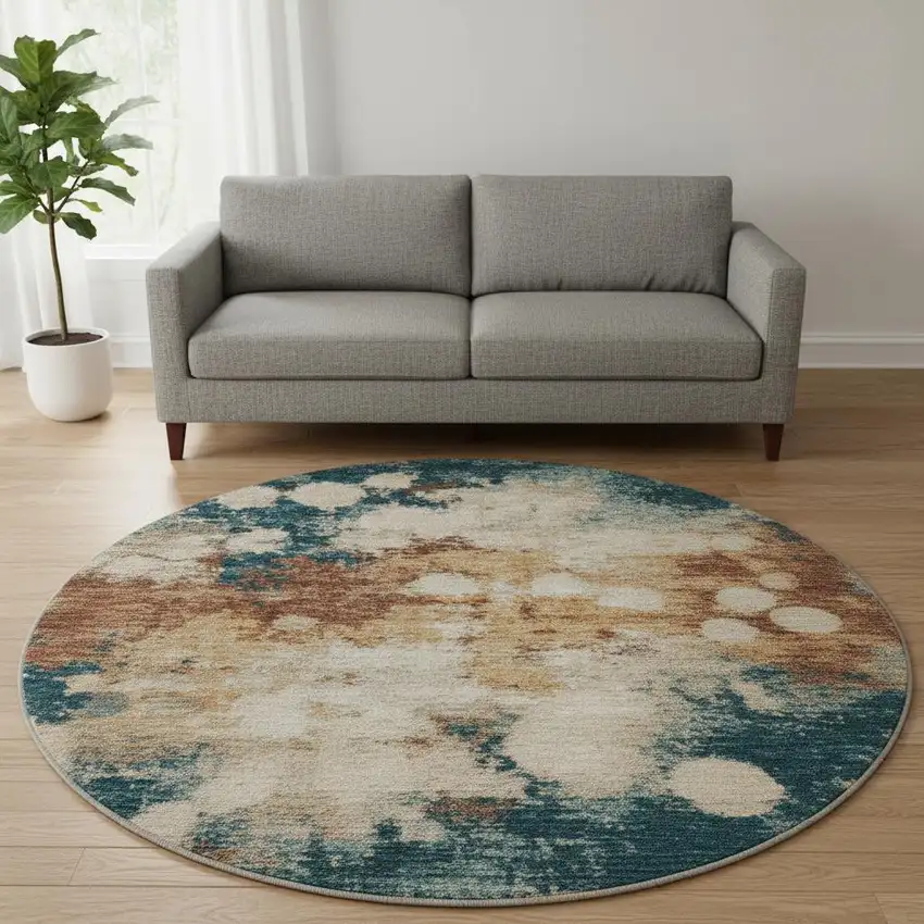 8' Beige Copper And Blue Abstract Washable Round Rug With UV Protection Photo 2