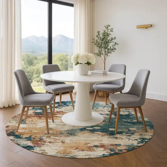 8' Beige Copper And Blue Abstract Washable Round Rug With UV Protection Photo 5