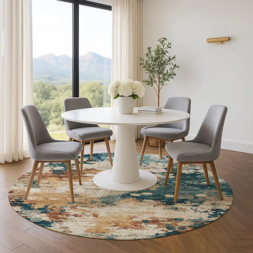8' Beige Copper And Blue Abstract Washable Round Rug With UV Protection Photo 5