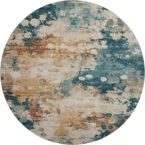 Photo of 8' Beige Copper And Blue Abstract Washable Round Rug With UV Protection