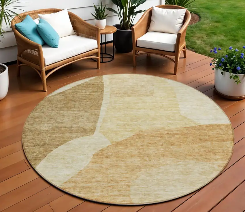 8' Beige Copper And Brown Round Abstract Washable Indoor Outdoor Area Rug Photo 1