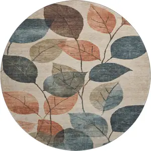 Photo of 8' Beige Copper And Denim Blue Floral Washable Round Rug With UV Protection
